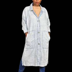 Hei Hei Bleached Jean Jacket Blue Anthropologie Denim Duster Coat Long Midi Oversized Acid Wash Size Medium