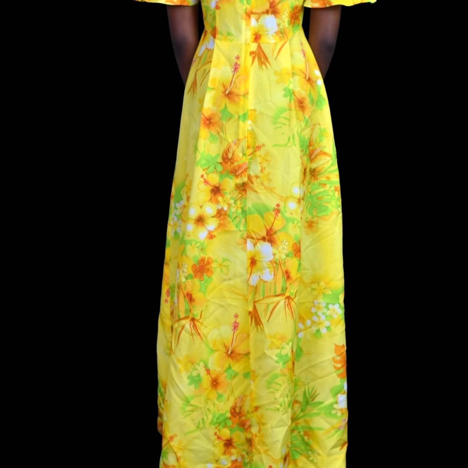 Vintage Royal Hawaiian Dress Yellow Maxi Tiki A Line Bohemian 70s Tropical Size XXS
