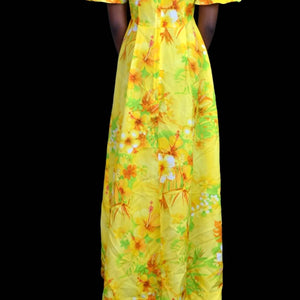 Vintage Royal Hawaiian Dress Yellow Maxi Tiki A Line Bohemian 70s Tropical Size XXS
