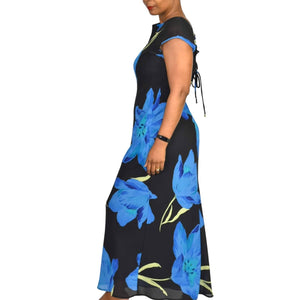 Just Choon Vintage Floral Slip Dress Floral Blue Sheer Chiffon Maxi Laced Back Size 9 Medium