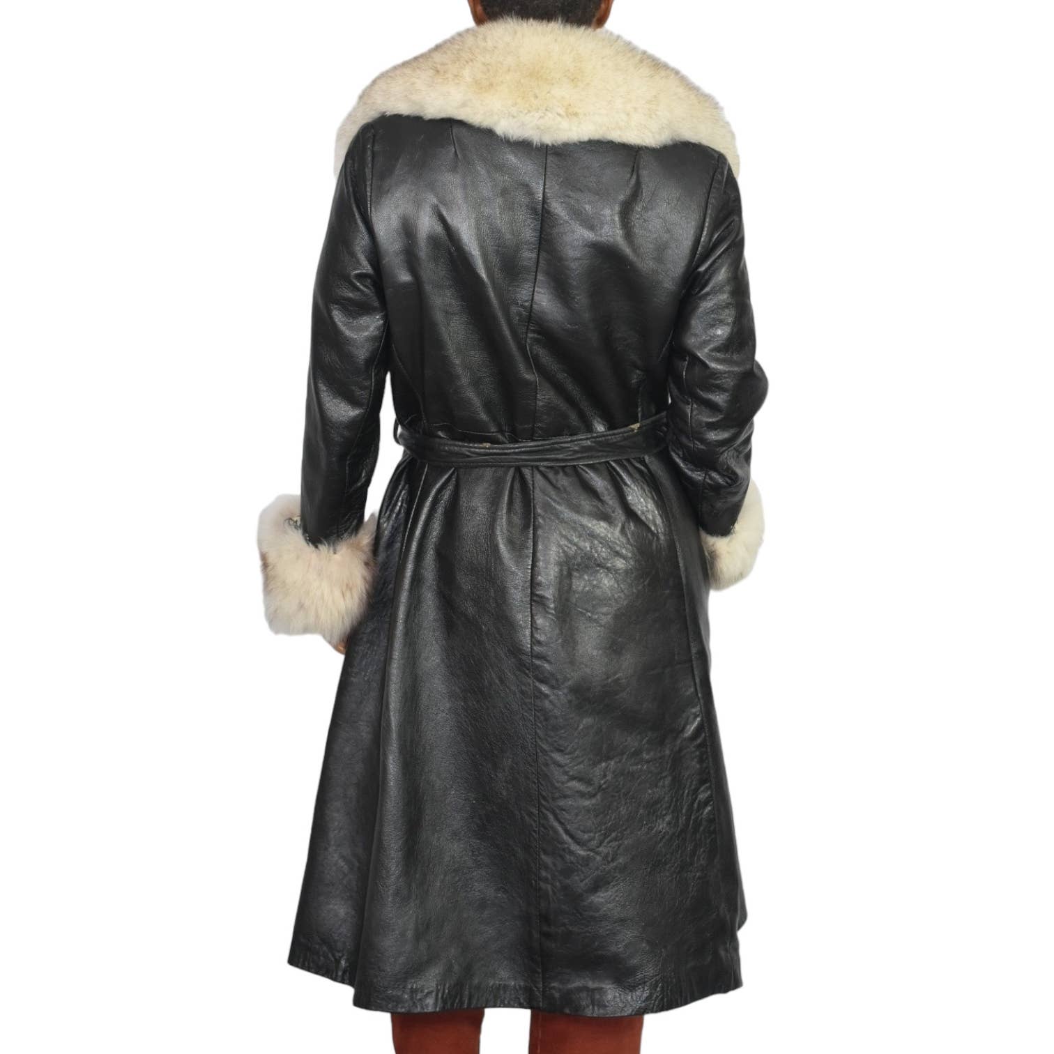 Vintage Penny Lane Coat Black Leather Trench Fur Trim Long Midi Wrap Size Medium