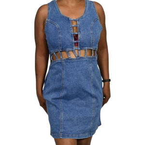 Vintage Denim Dress Blue Bodycon Cutouts Caged Lattice Stretch Mini Pencil Size Large