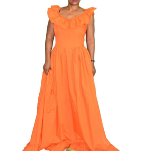 Vintage Costume Maxi Dress Orange Tangerine Prairie Ruffle Neck Sweeping Princess Size Large