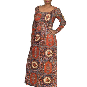 Vintage Denise L Dress Brown Smocked Hippie Abstract Psychedelic Paisley Mandala Print Maxi 70s Size Small