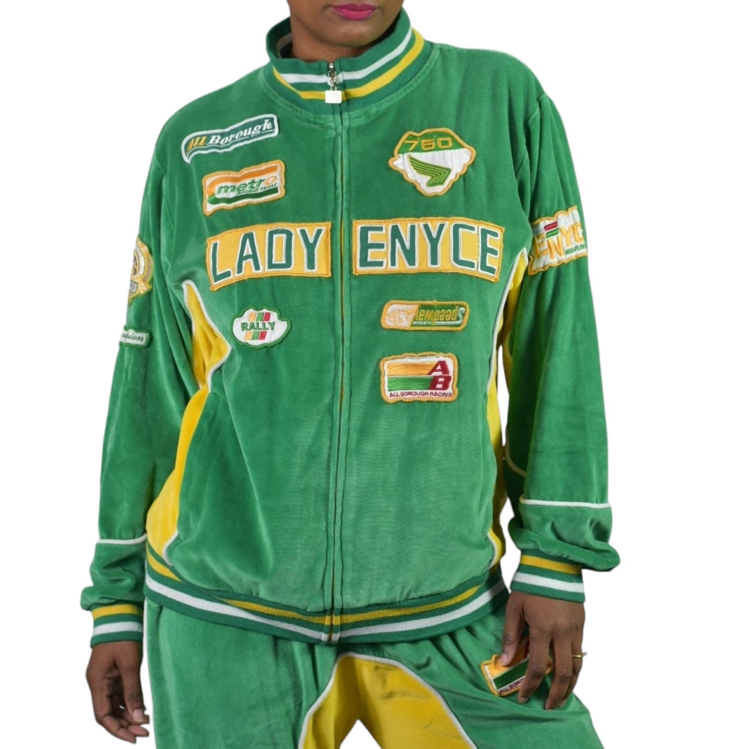 Vintage Lady Enyce Track Suit Green Colorblock Racing Patches Velour Matching CoOrd Jacket Pant Cotton Medium
