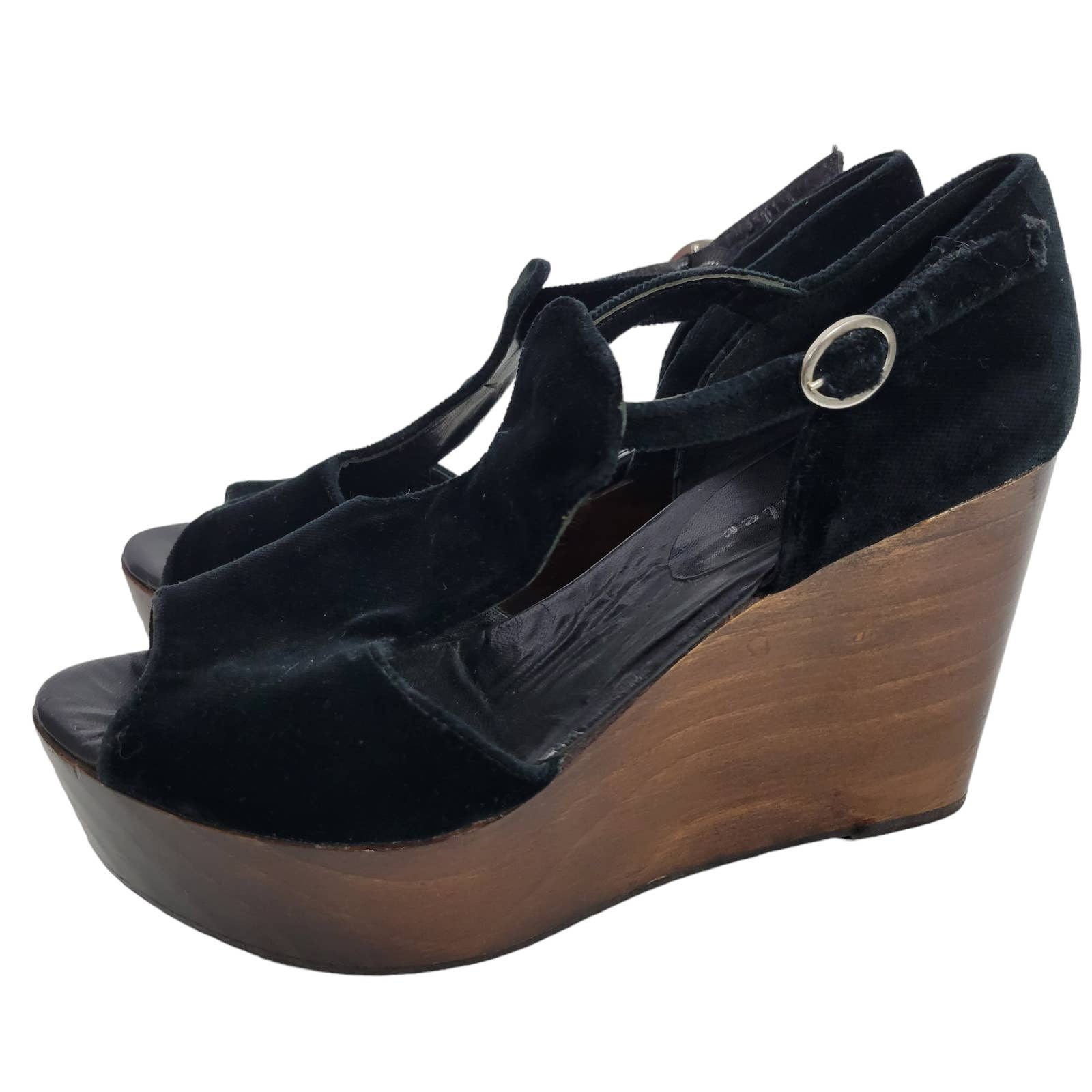 Bettye Muller Platform Wedge Black Velvet Wooden Heel T Strap Peep Toe Chunky Size 9.5