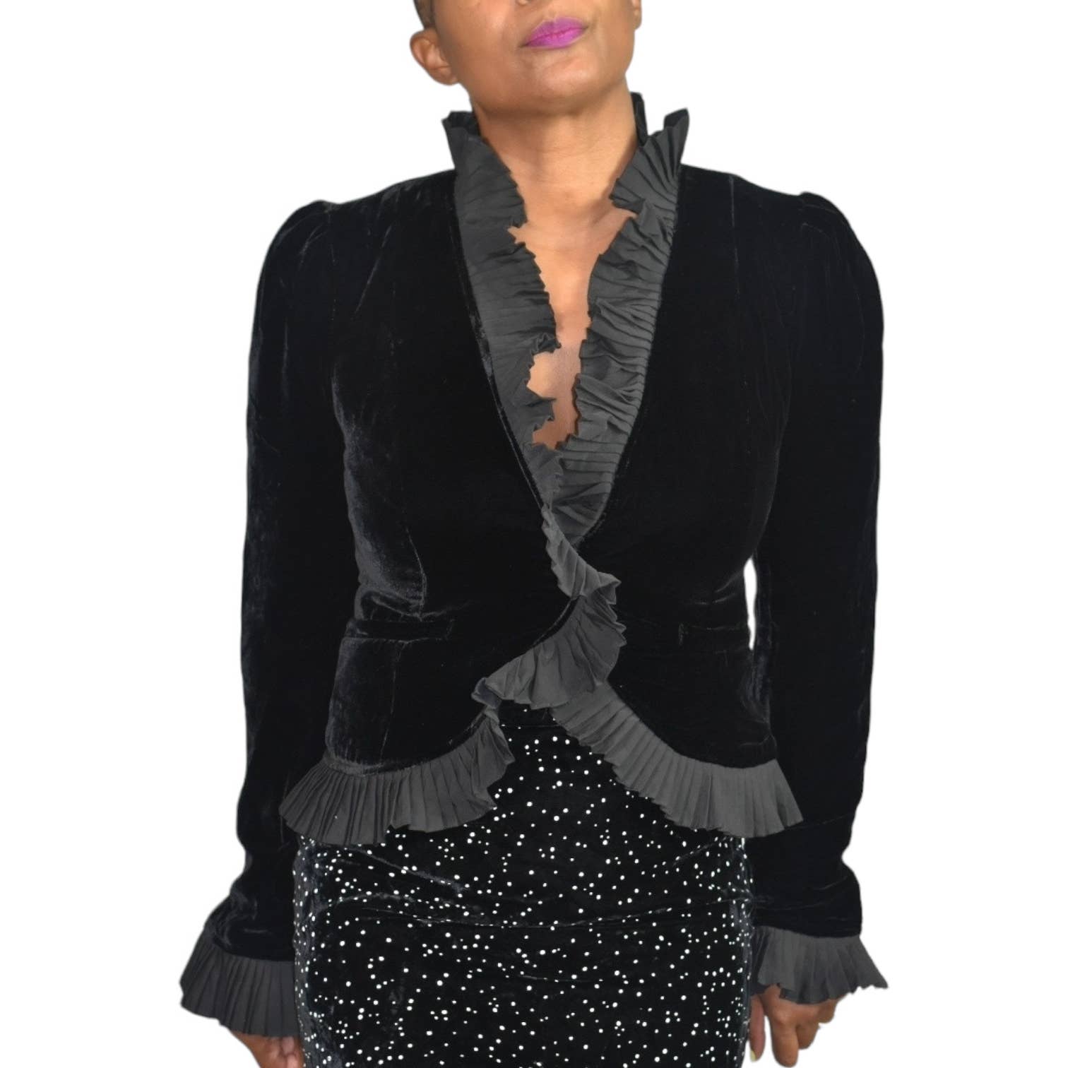 Betsey Johnson Velvet Jacket Black Blazer Ruffled Puff Sleeve Victorian Y2K Size Small