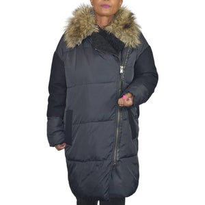 AllSaints Elita Puffa Parka Black Faux Fur Collar Puffer Coat Asymmetric Winter Size Medium