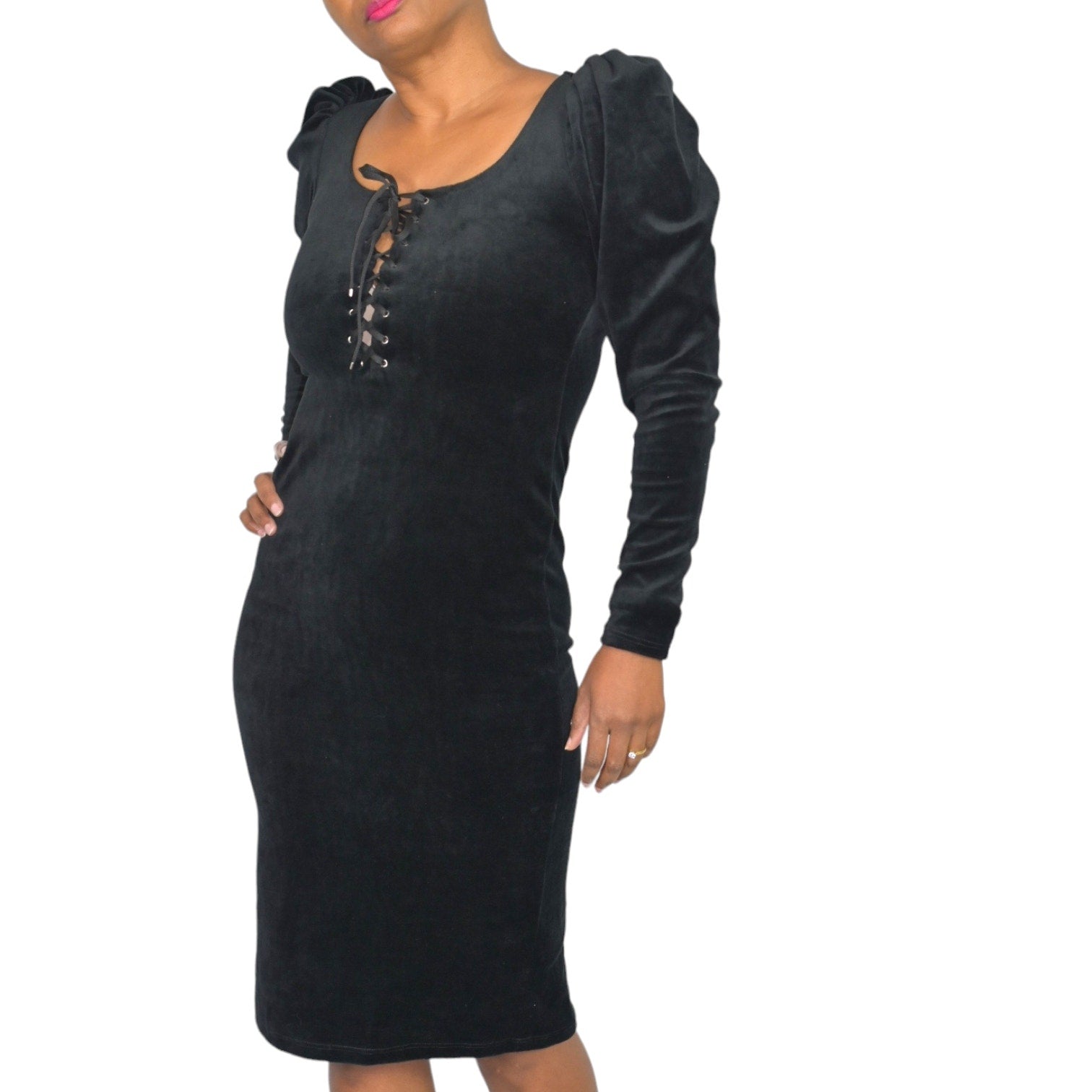 La Femme En Noir Sleepy Hollow Gothic Tales Dress Black Wiggle Velour Bodycon Puff Sleeve Size XS