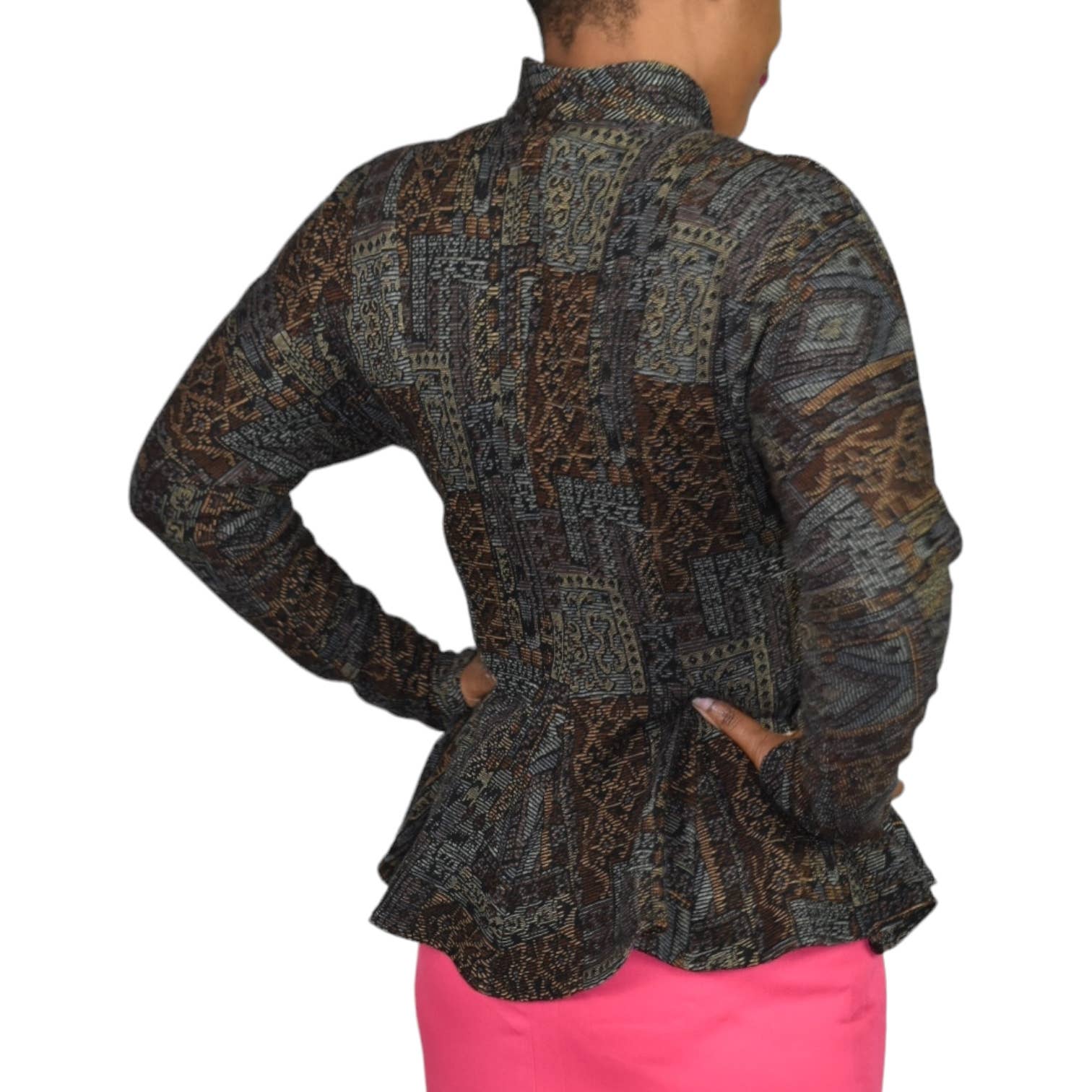 Vintage All That Jazz Jacket Black Tapestry Peplum Geometric Printed Blazer Knit Size Medium