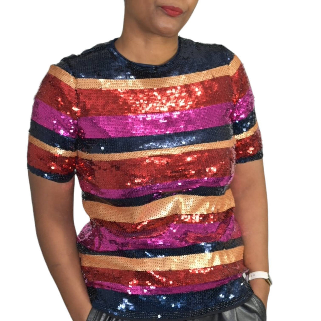 Trina Turk Gin Fizz Sequin Top Blouse Shiny Sparkly Rainbow Striped Boxy Size XS