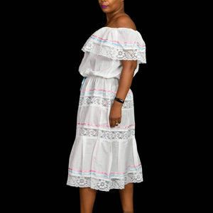 Mexican Campesino Peasant Dress White Embroidery Lace Ribbon Ties Pastel One Size