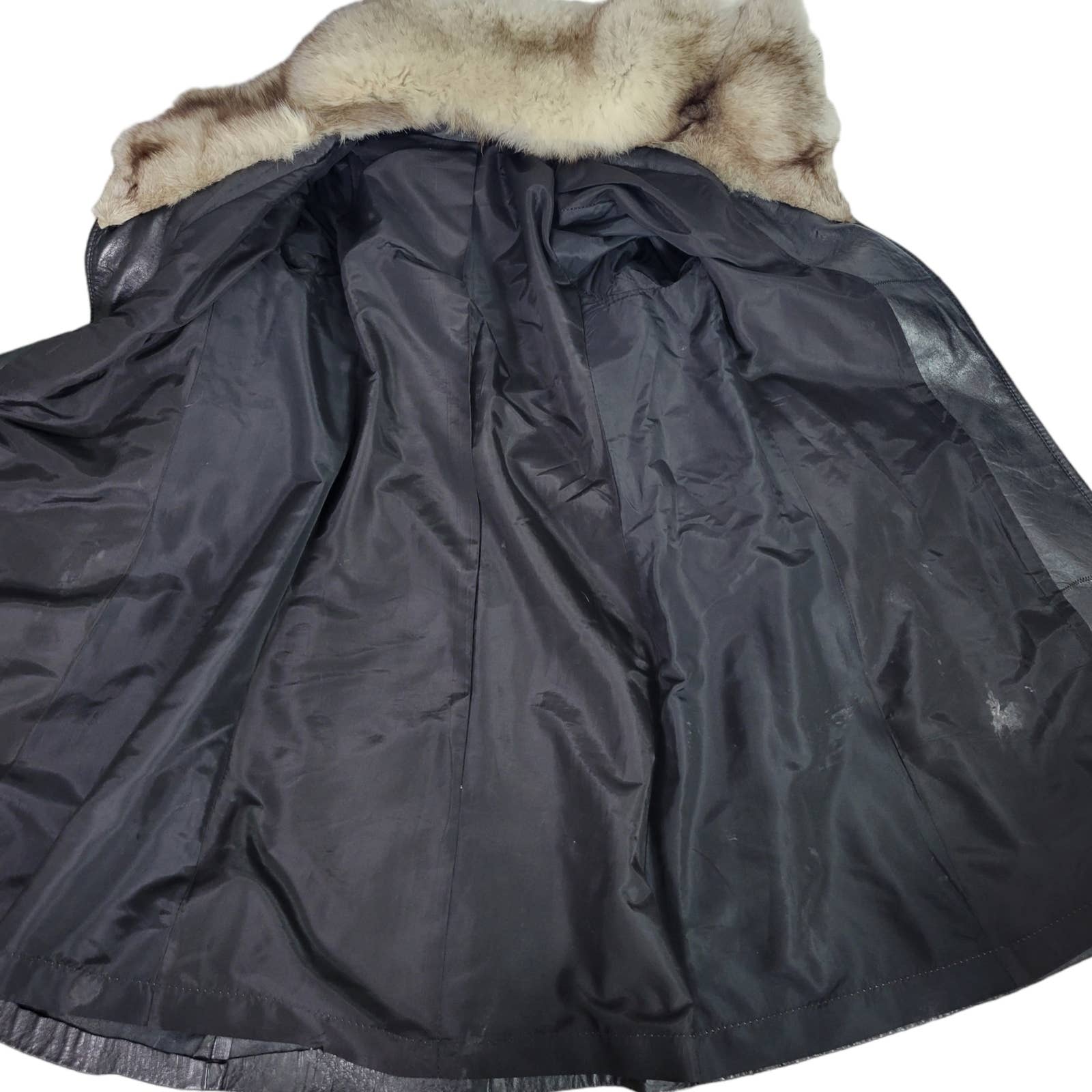Vintage Penny Lane Coat Black Leather Trench Fur Trim Long Midi Wrap Size Medium