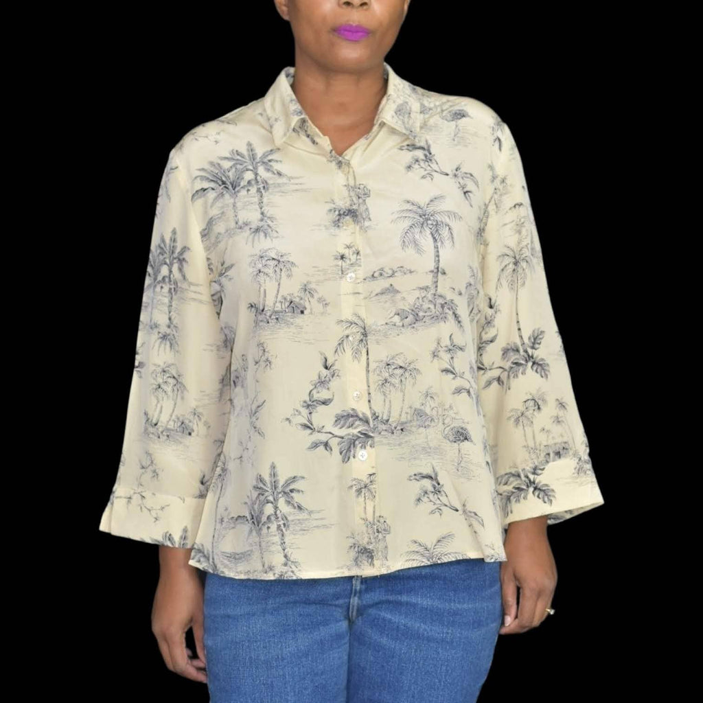Vintage Ann May Hula Girl Shirt Beige Tiki Silk Palm Trees Tahiti Aloha Blouse Top Size Large