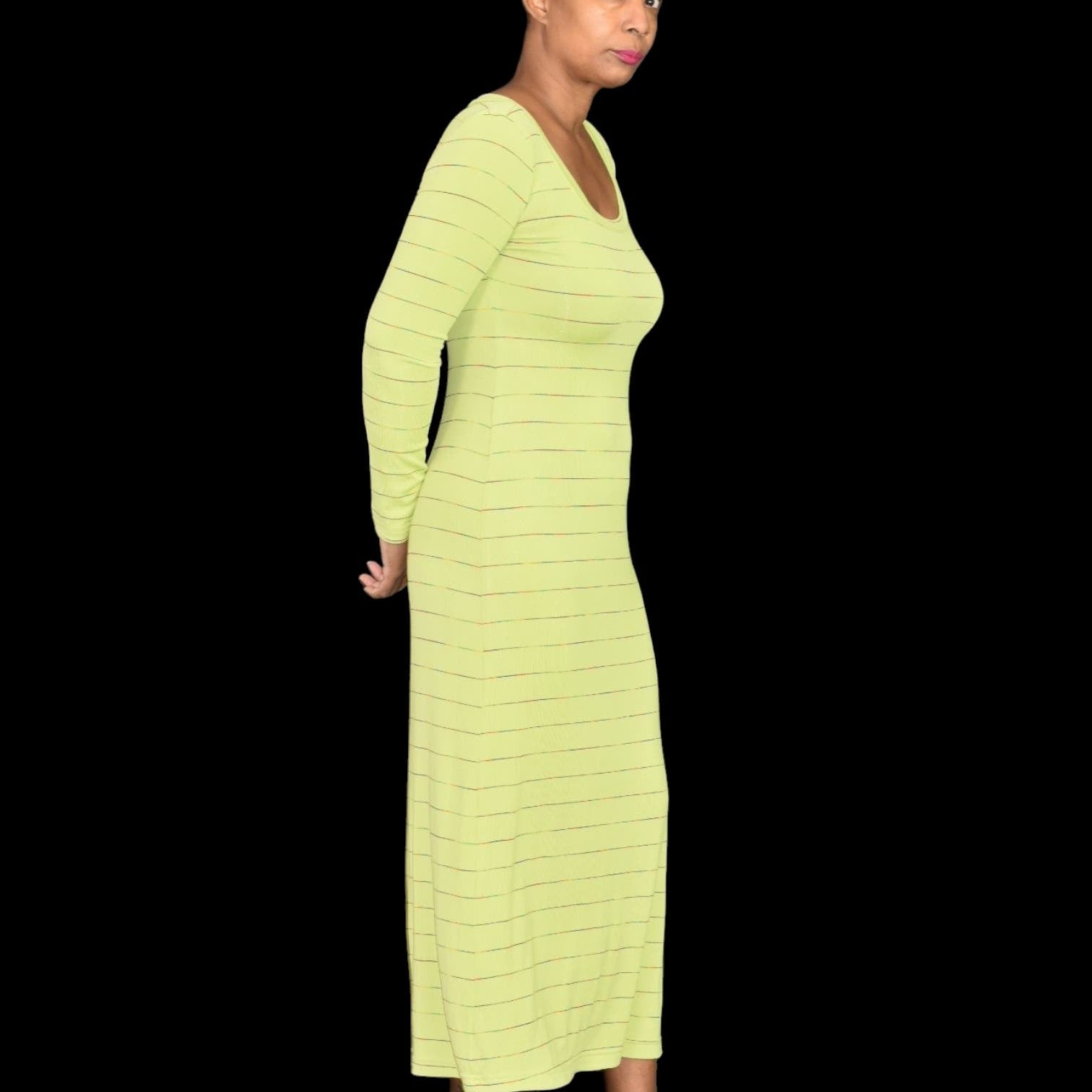 Vintage Dennis Goldsmith Maxi Dress Green Chartreuse Ribbed Jersey Rainbow Stripe Stretch Size Medium