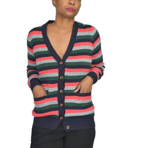 Moth Jamison Cardigan Blue Multicolor Striped Anthropologie V Neck Sweater Size XS