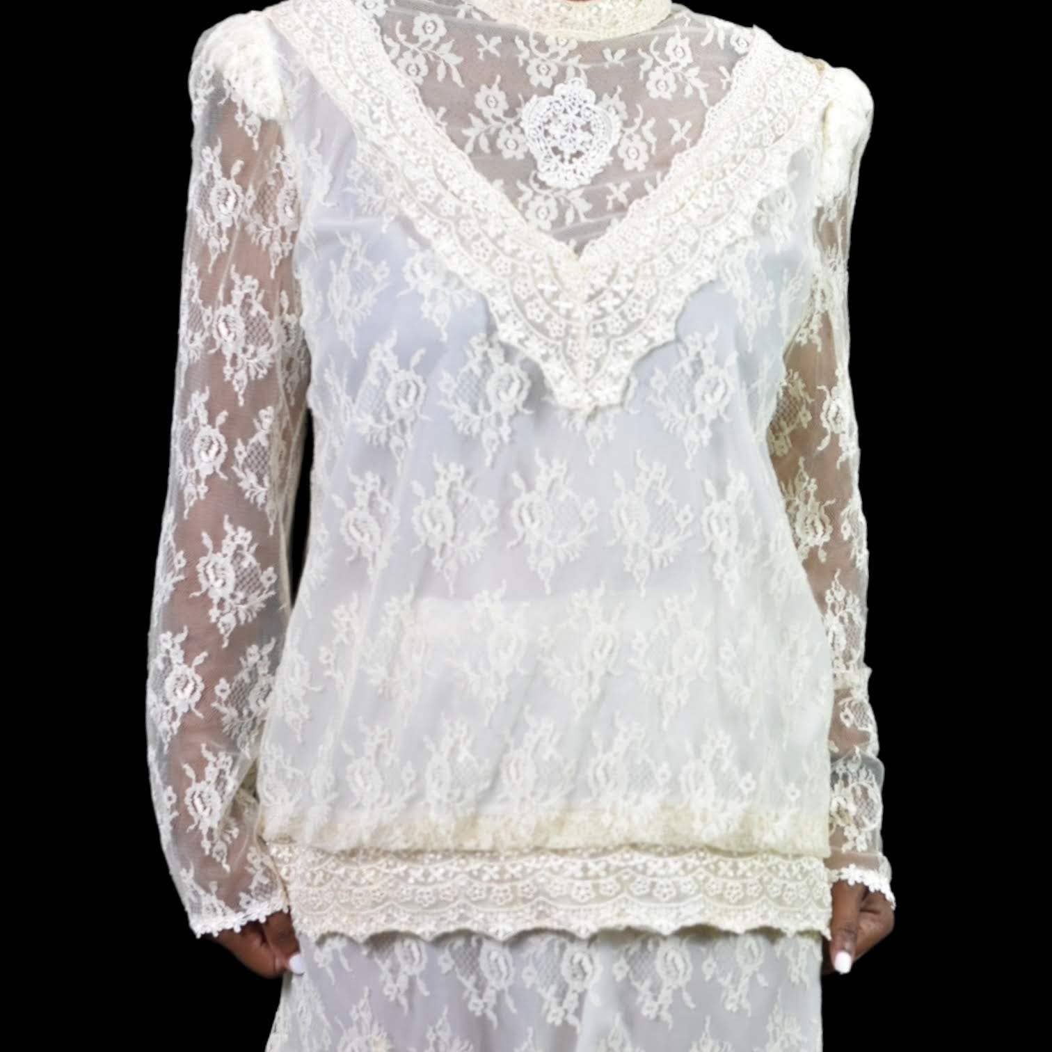 Vintage Lace Skirt Set Ivory White Victorian 80s Long Maxi Blouse Godets Size 12