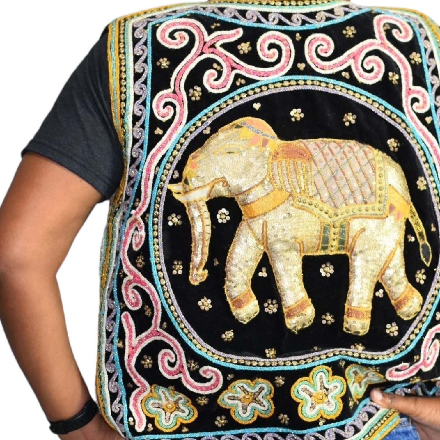 Vintage Thai Kalaga Beaded Vest Gold Thailand Burmese Tapestry Embroidery Elephants Sequins Woven Textile Art Waistcoat One Size