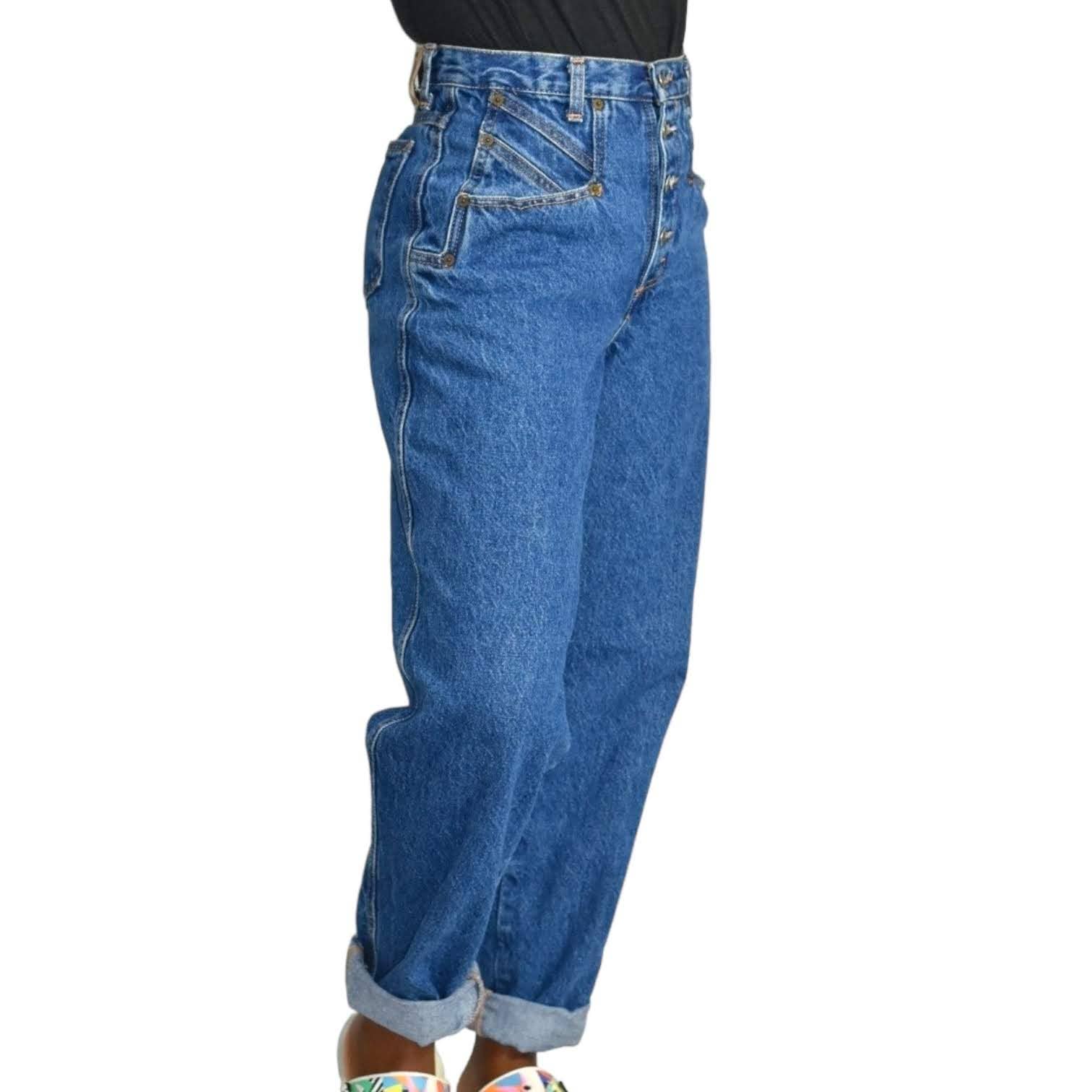 Vintage Zena Jeans Blue Button Fly Barrel Leg Baggy Rigid Cotton High Waist Size 27