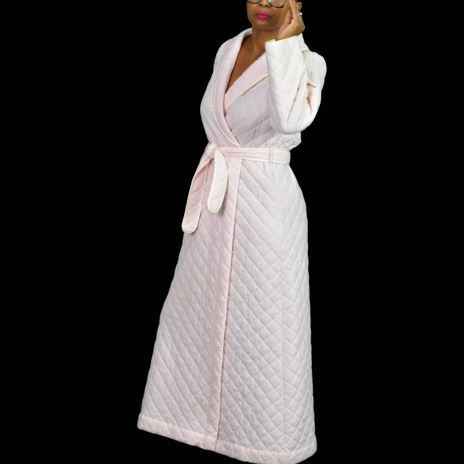 Vintage Quilted Robe Pink Candy Stripe Wrap Belted Komar USA Maxi Country Size Large