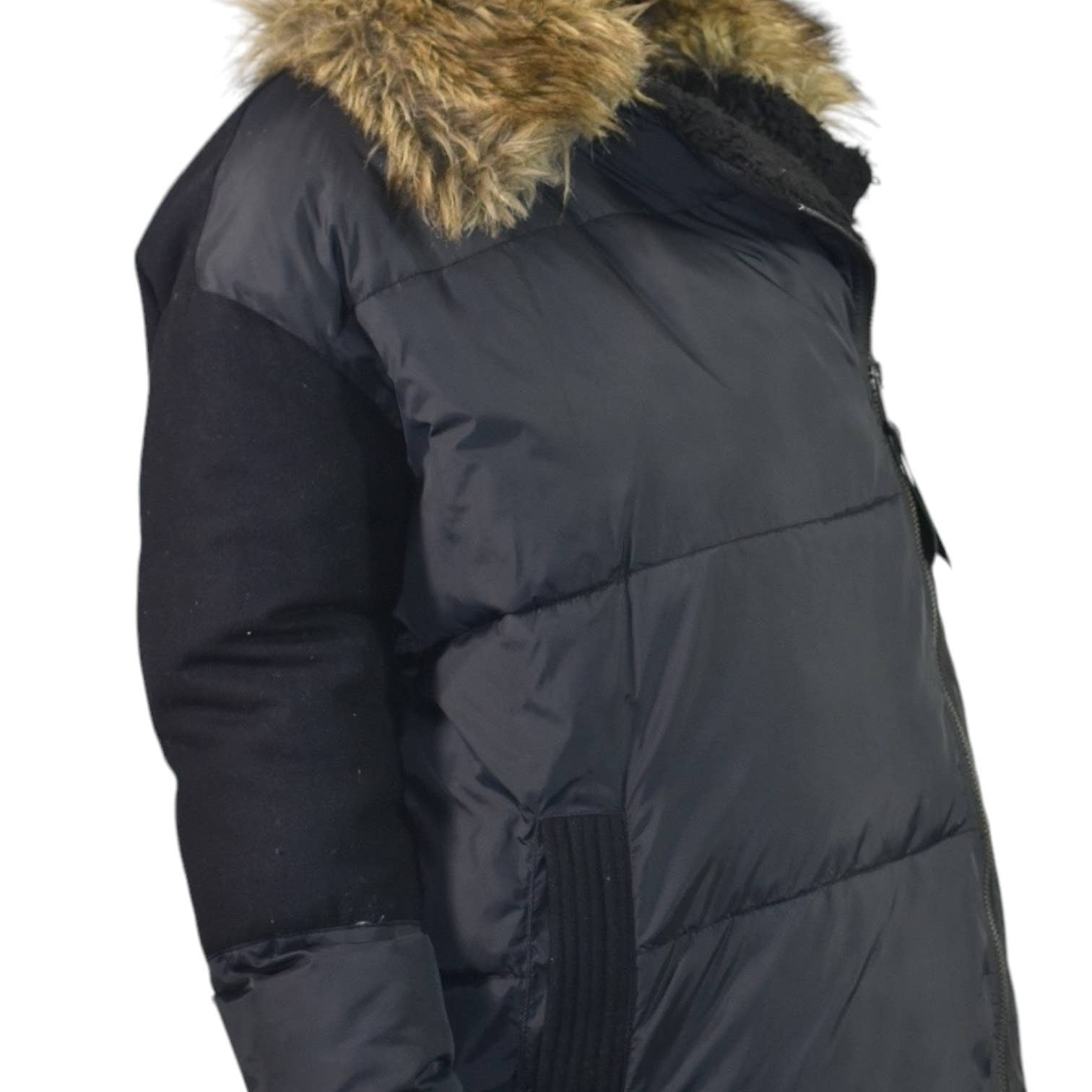 AllSaints Elita Puffa Parka Black Faux Fur Collar Puffer Coat Asymmetric Winter Size Medium