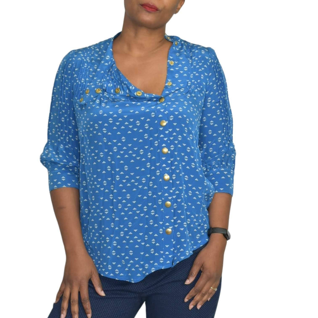 Lauren Moffat Woodstock Silk Blouse Blue Pintuck Asymmetric Abstract Geo Print Shirt Size Small