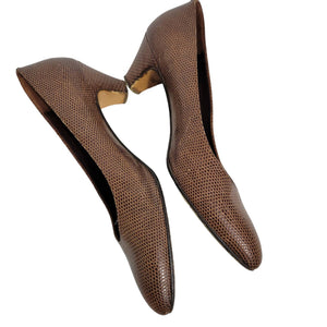 Vintage Bottega Veneta Heels Brown Pumps Snakeskin Embossed Leather Round Toe Bow Size 8.5 AA Narrow