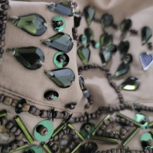 Tory Burch Beaded Embellished Tunic Shirt Tan Green Crystals Rhinestone Woven Cotton Size 10