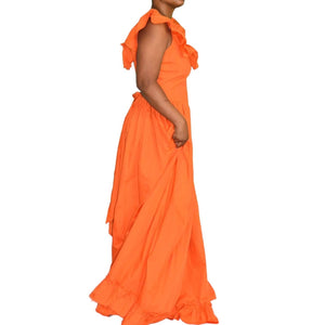 Vintage Costume Maxi Dress Orange Tangerine Prairie Ruffle Neck Sweeping Princess Size Large