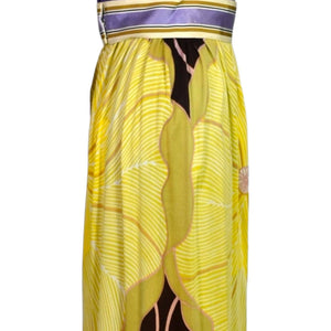 Vintage 70s Maxi Dress Purple Yellow Joseph Brennan Column Straight Linen Print Size XS