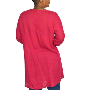 Flax Tunic Shirt Red Pocket Button Front Up Down Long Sleeve Linen Blend Size Small