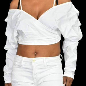 Signed Blake White Poplin Top Amazon Drop Off The Shoulder Draped Crop Size Large