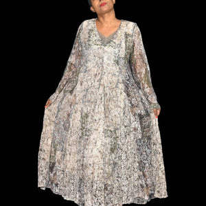 Styleworks Maxi Dress Vintage Tan Lace Floral Print Bohemian Earthy Size Medium