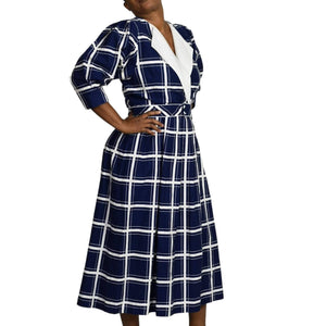 Vintage Lanz Originals Midi Dress Blue Windowpane Check Print 80s Retro Size 6