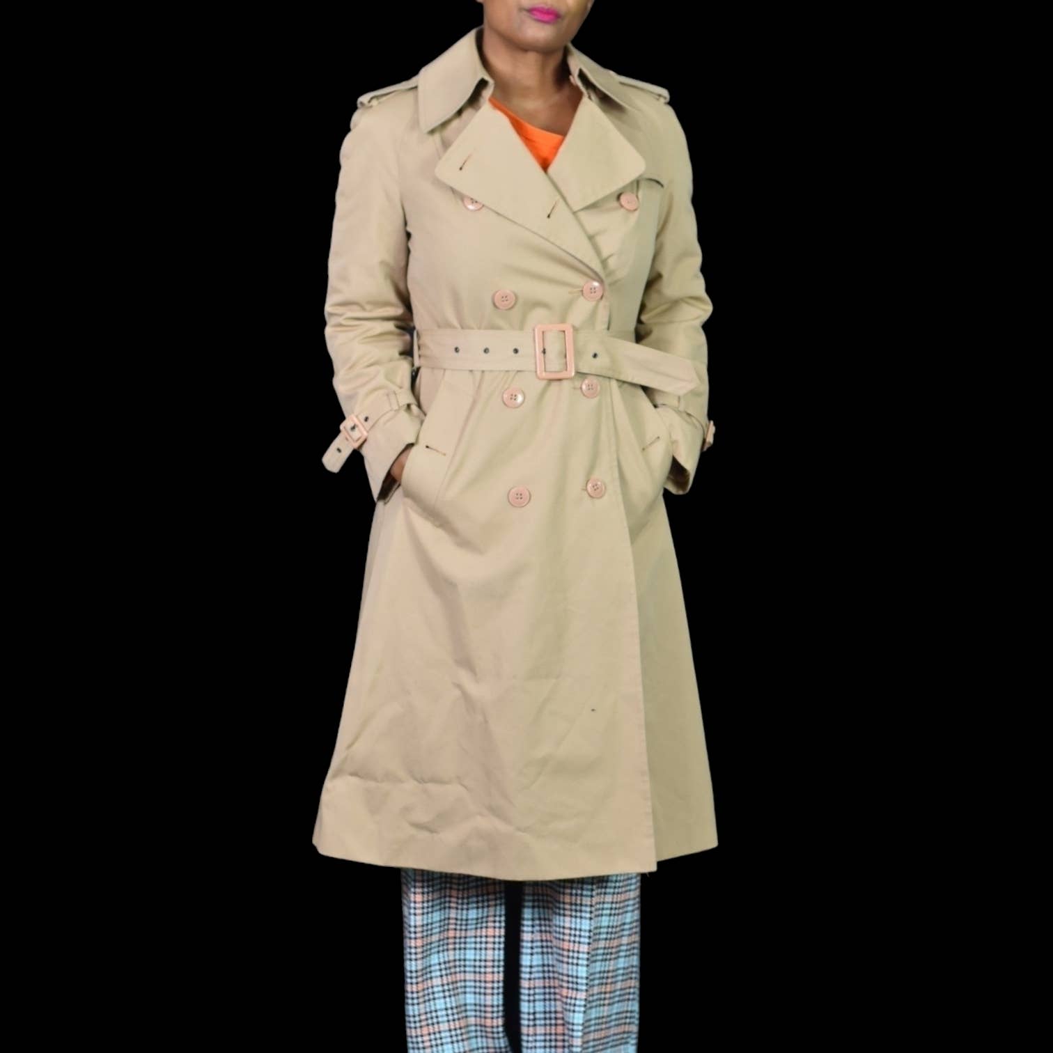 Vintage Trench Coat Tan All Weather Removable Plaid Flannel Lining Belted Size Small