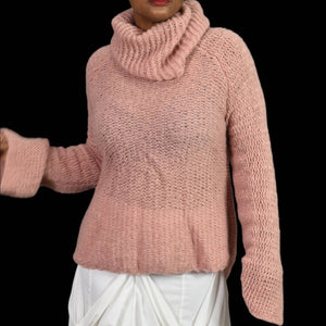 Calypso St Barth Cherita Sweater Pink Rose Crochet Bell Flare Sleeve Cowl Neck Wool Mohair Size Large