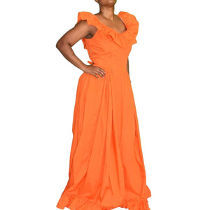 Vintage Costume Maxi Dress Orange Tangerine Prairie Ruffle Neck Sweeping Princess Size Large