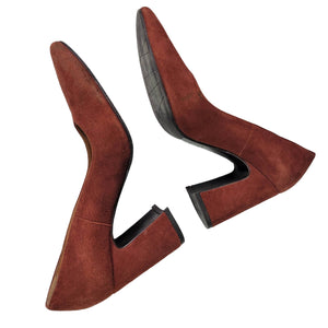 Aquatalia Neely Suede Heels Brown Leather Block Almond Semi Pointed Toe Italy Size 7