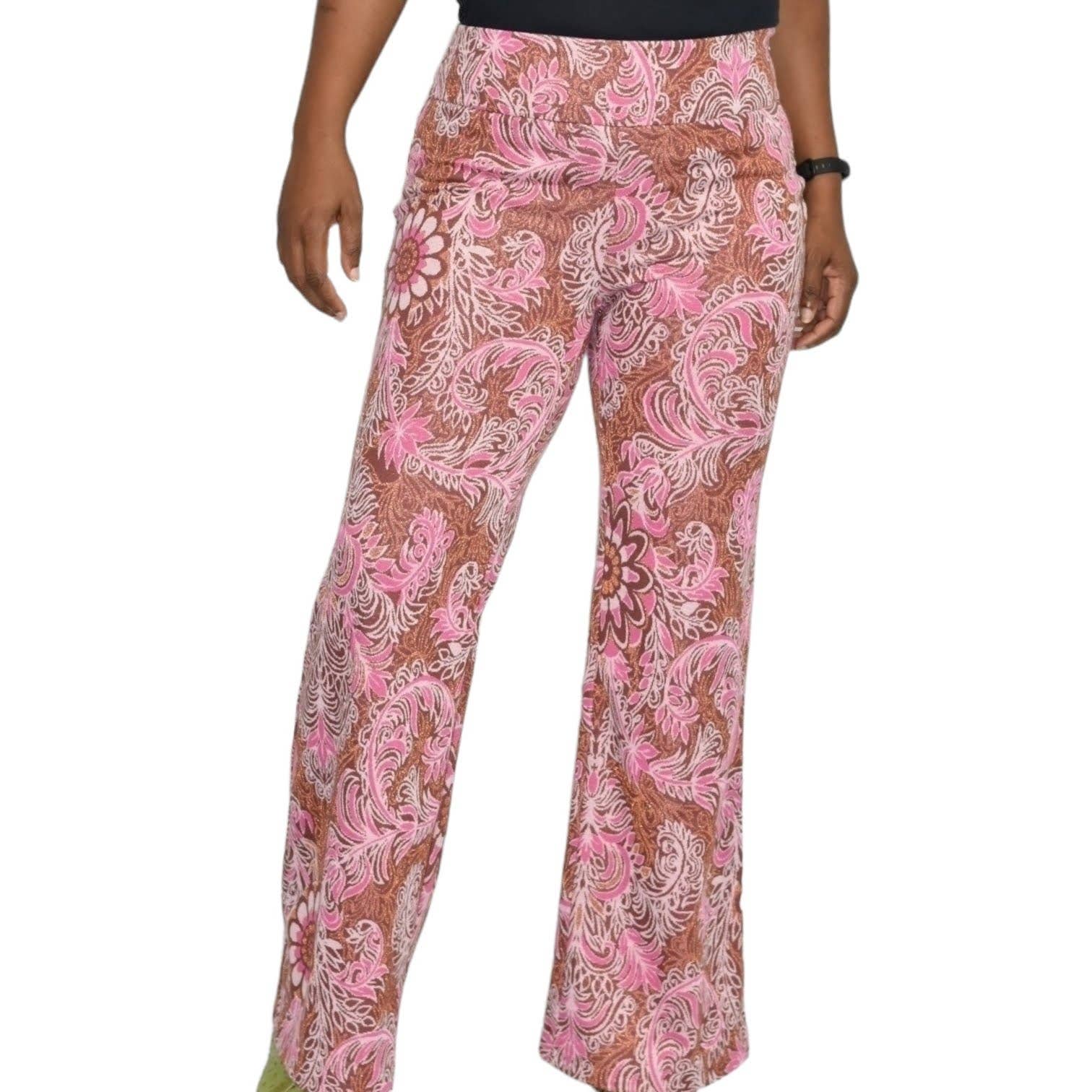 Maeve Maria Pink Pants Knit Paisley Flower Jacquard Metallic Flare Anthropologie Size 6