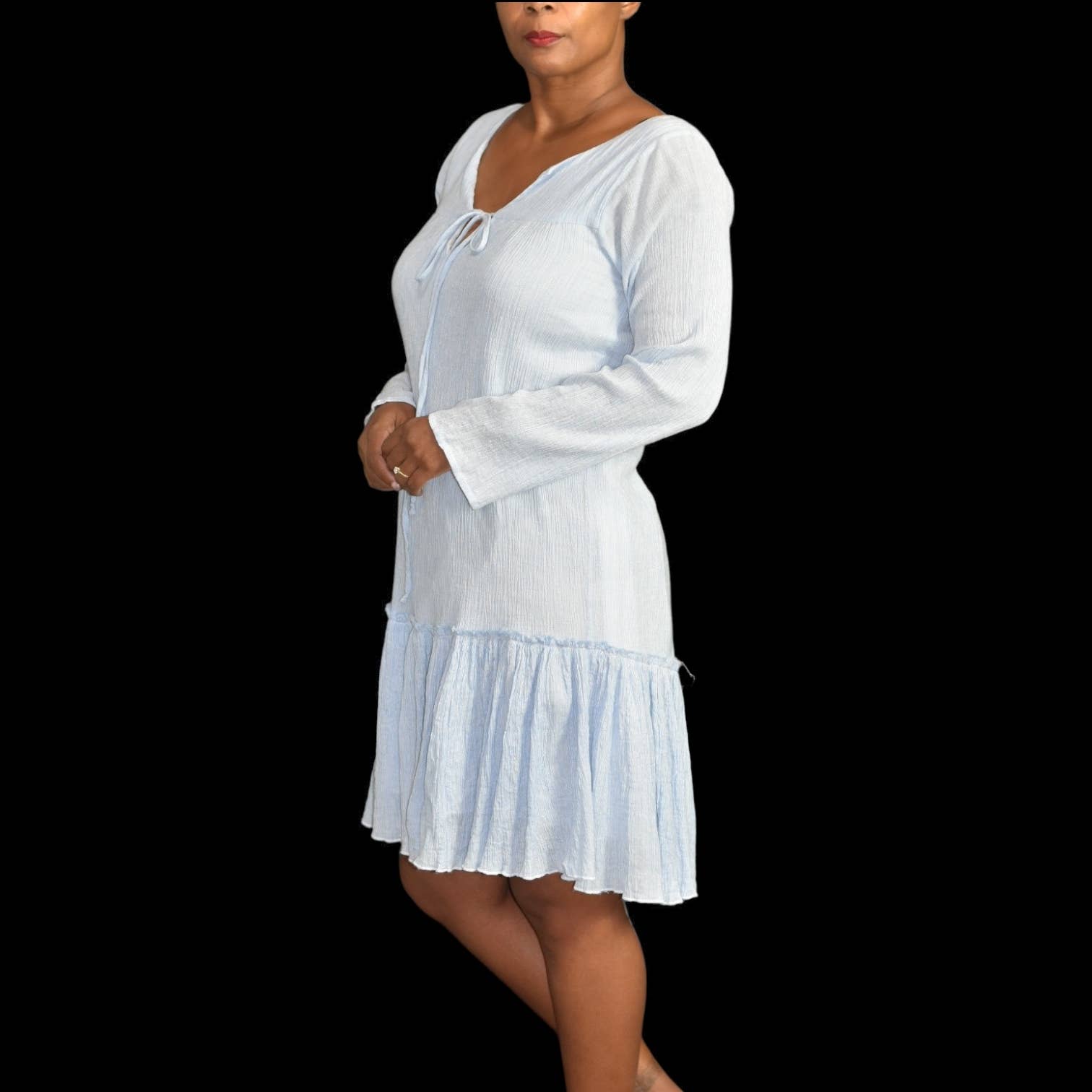 Apiece Apart Drop Waist Dress Blue Crinkled Minimalist Long Sleeve Cotton Size 4