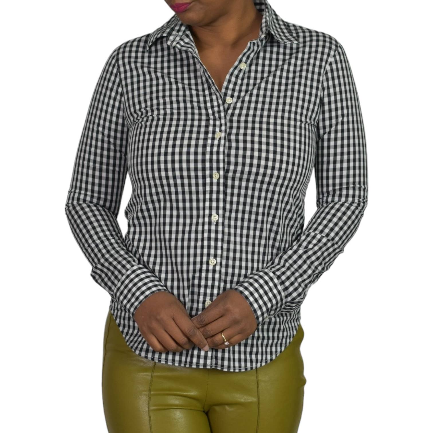 The Shirt Rochelle Behrens Icon Black Check Gingham White Button Front Tailored No Gape Stretch Size XS