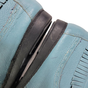 Vintage Fringe Moccasins Blue Leather Beaded Thunderbird Shooties Ankle Boots Size 8.5