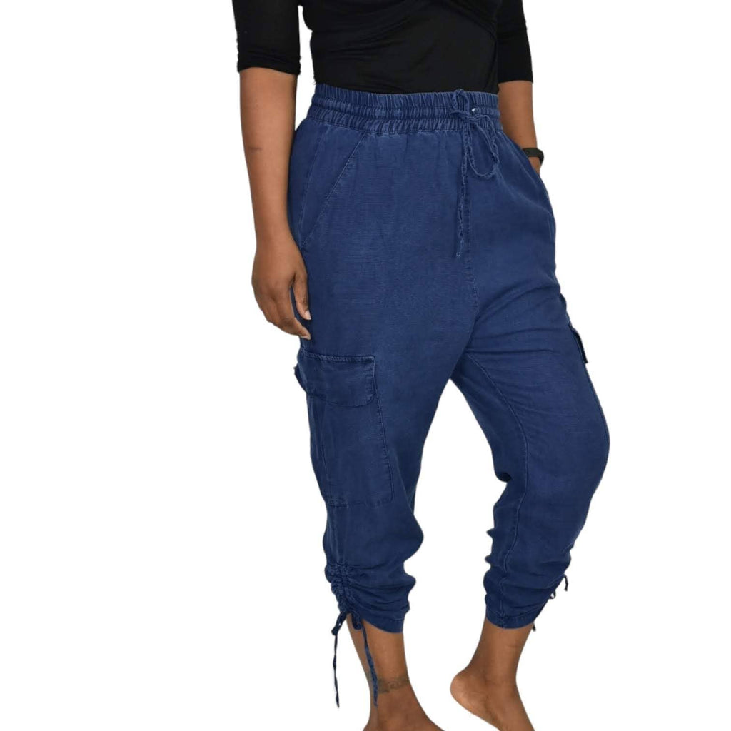 Zara Cargo Pants Blue High Waisted Ruched Crop Jogger Elastic Linen Size Small