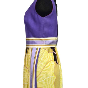 Vintage 70s Maxi Dress Purple Yellow Joseph Brennan Column Straight Linen Print Size XS