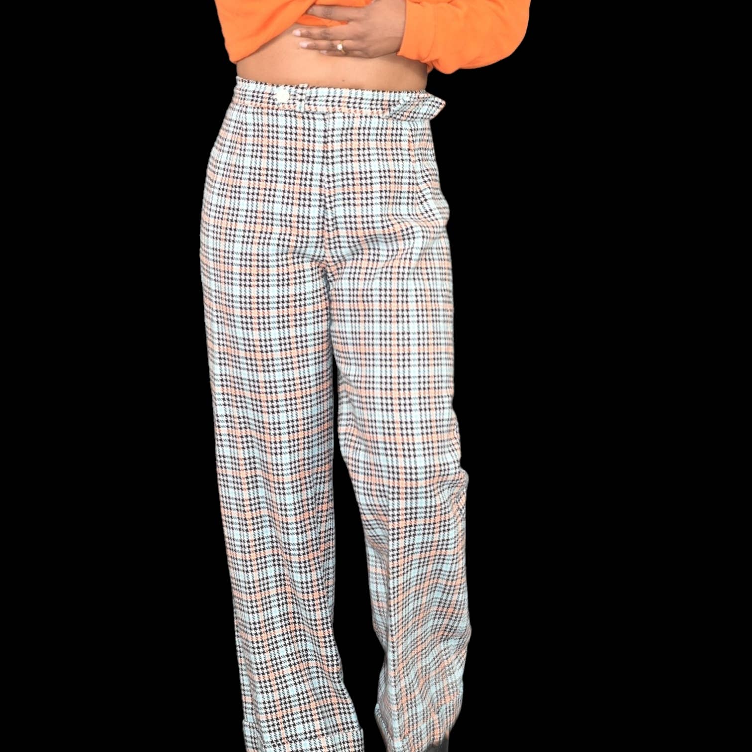 Vintage JCP Plaid Pants Blue Houndstooth Penneys Cuffed Flare Bell Bottoms Trousers 70s Wide Leg High Waist Size 4 27