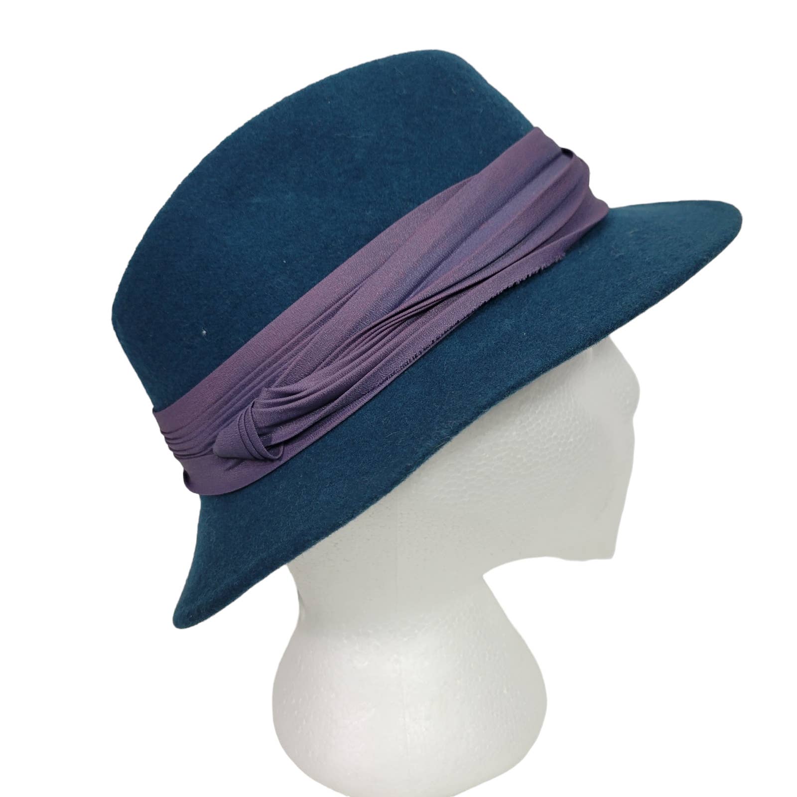 Vintage Fedora Hat Green Lancaster Felt Wool Brim Purple Winter Dressy USA Small