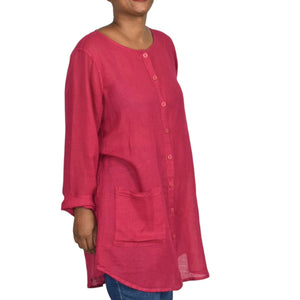 Flax Tunic Shirt Red Pocket Button Front Up Down Long Sleeve Linen Blend Size Small