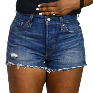 Levis 501 Jean Shorts Blue Denim Cutoffs Distressed Button Fly Rigid Raw Size 27