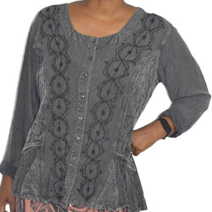 Bohemian Blouse Grey Black Indian Rayon Embroidered Hippie Bohemian Size Large