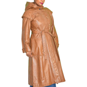 Leather Trench Coat Tan Brown Vintage Long Midi Hooded 80s Minimalist Size Small